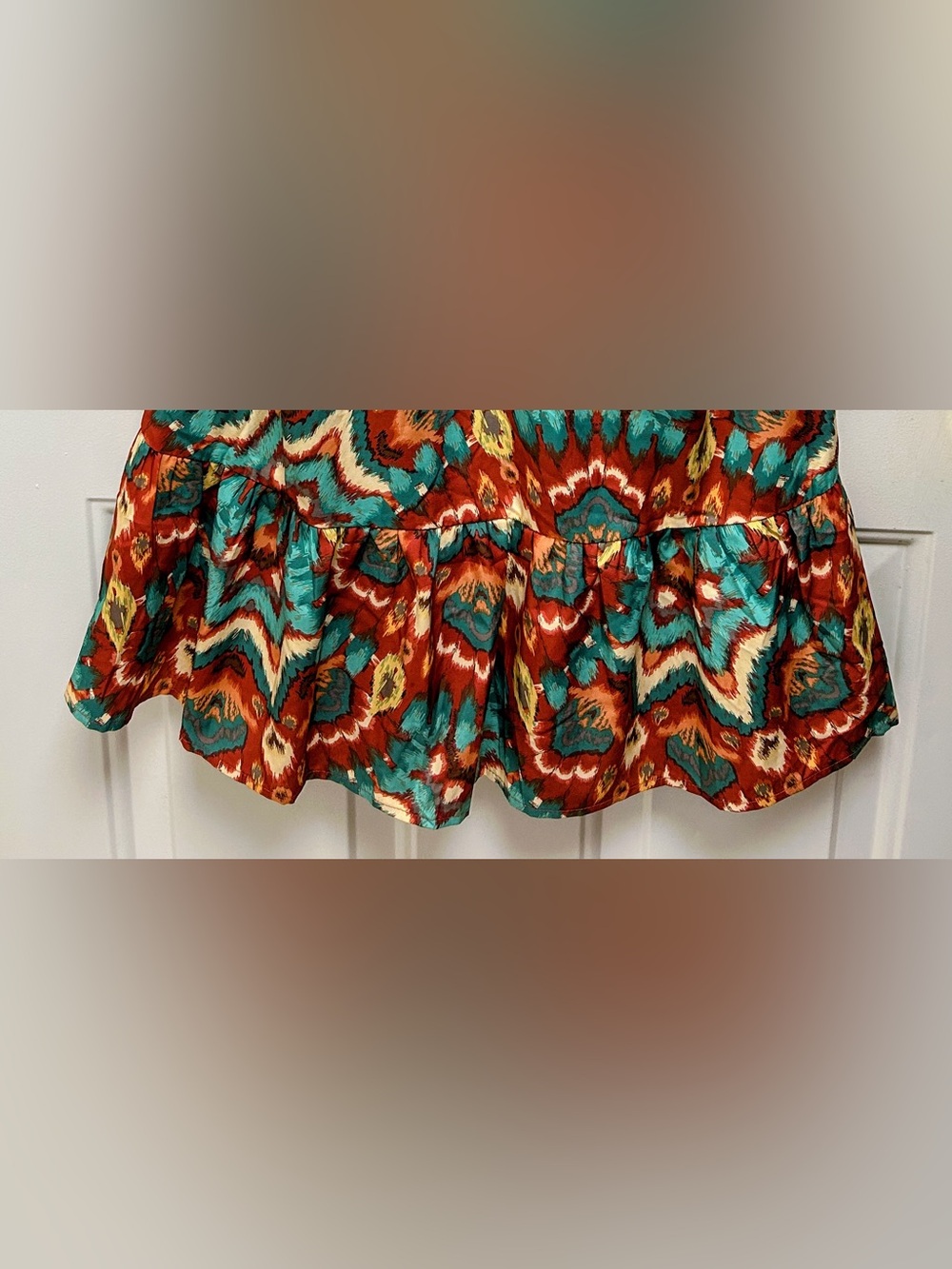 Joy Joy Rust, Teal & Gold Boho Print Mini Dress with Ruffle Hem and Lace Trim - Picture 11 of 14